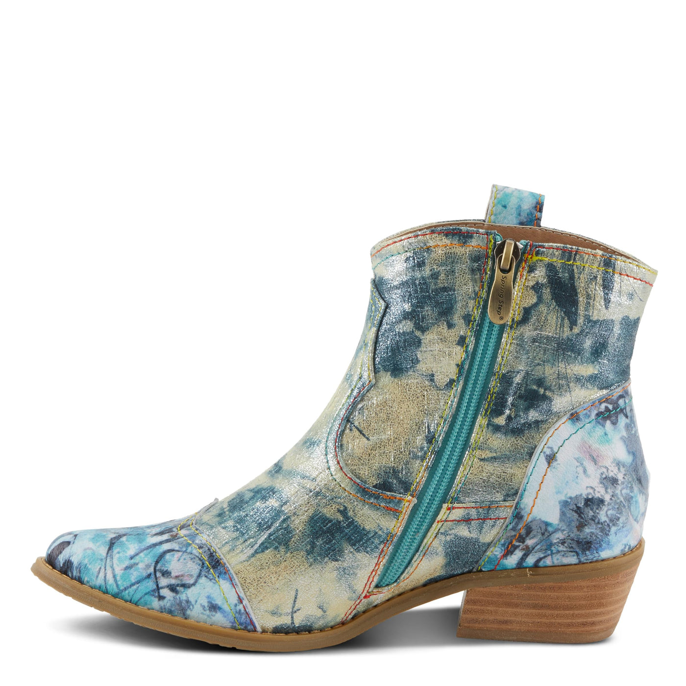 Spring Step L'Artiste Women's FLIRTINI Western Summer Boots - Metallic Leather, Pull Tabs, Low Stacked Heel Blue Multi EU 37 / US 6.5-7
