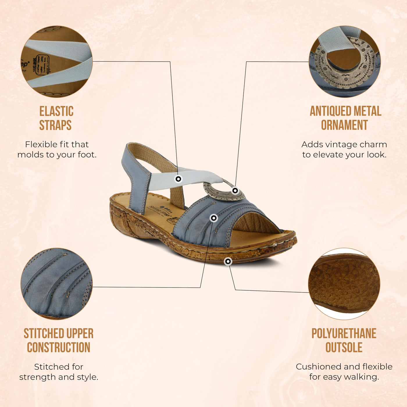 Spring Step Women's KARMEL Comfort Wedge Sandals - Genuine Leather with Elastic Straps & Metal Ornament - Cork-Inspired Textured 1.5" Heel - Hand Crafted in Turkey - Black EU 38/7.5-8