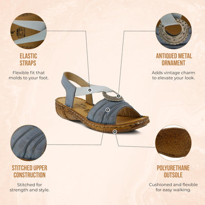 Spring Step Women's KARMEL Comfort Wedge Sandals - Genuine Leather with Elastic Straps & Metal Ornament - Cork-Inspired Textured 1.5" Heel - Hand Crafted in Turkey - Black EU 38/7.5-8