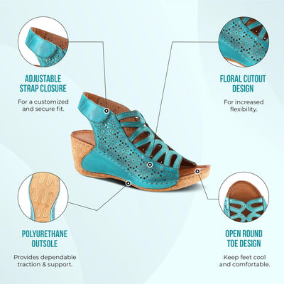 Spring Step Inocencia Women's Leather Wedge Sandals | Low Heel Sandals for Women with Floral Laser Cut Design, Hook and Loop Strap, Mediterranean Style Brown EU 42 / US 10.5-11