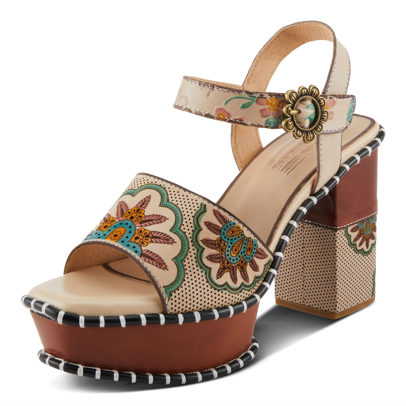 Spring Step L'Artiste Women's GOGETEM Retro Platform Sandals - Hand-Painted Flower Design, Decorative Floral Buckle