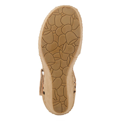 PATRIZIA Spring Step Gennina Wedge Sandals for Womens - Laser Cut Ladies Sandals with Embroidery - Hook and Loop Closure Womens Sandals - Tan EU 35 / US 5