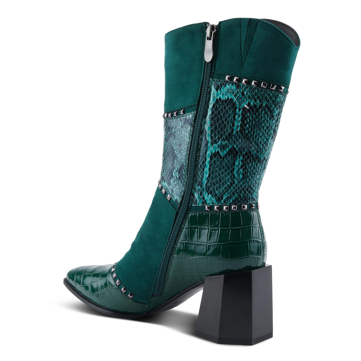 Azura Women's ZAYRINA Mid-Shaft Leather Boots with Animal Print, Stud Details, and Zipper Closure Green EU 38/ US 7.5-8