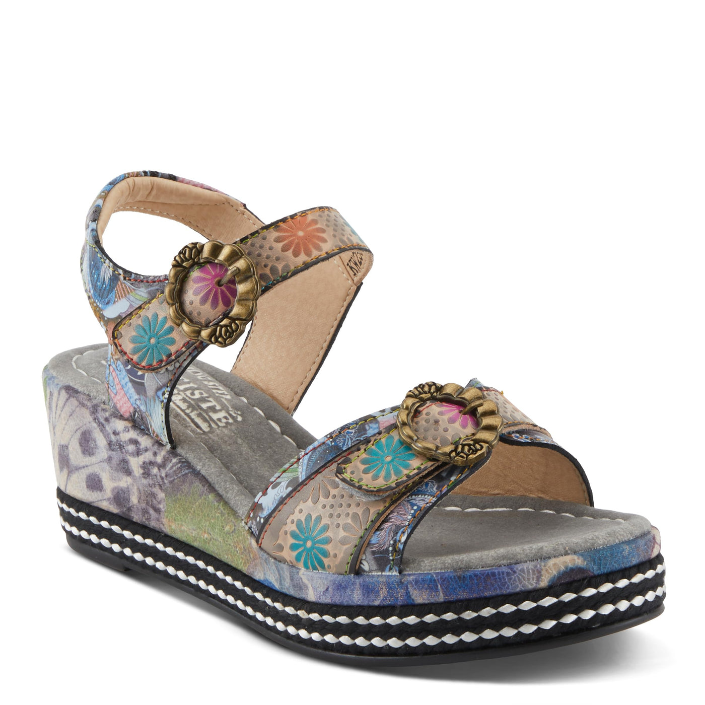 Spring Step L'Artiste Women's FLAVOUR Fashion Wrapped Wedged Sandals | Hand-Painted Leather Accents, Hook and Loop Closure Grey Multi EU 36 / US 5.5-6