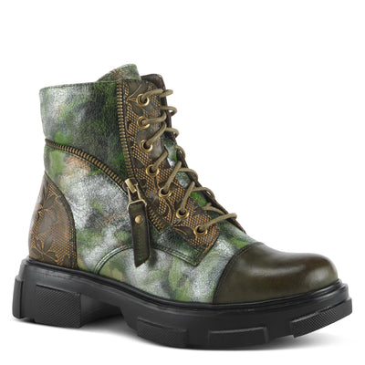 Spring Step L'Artiste Carnelian Booties for Women - Leather Ankle Boots with Lace-up and Zipper - Hand-Painted Womens Boots for Outdoor - Olive Multi EU 42 / US 10.5-11