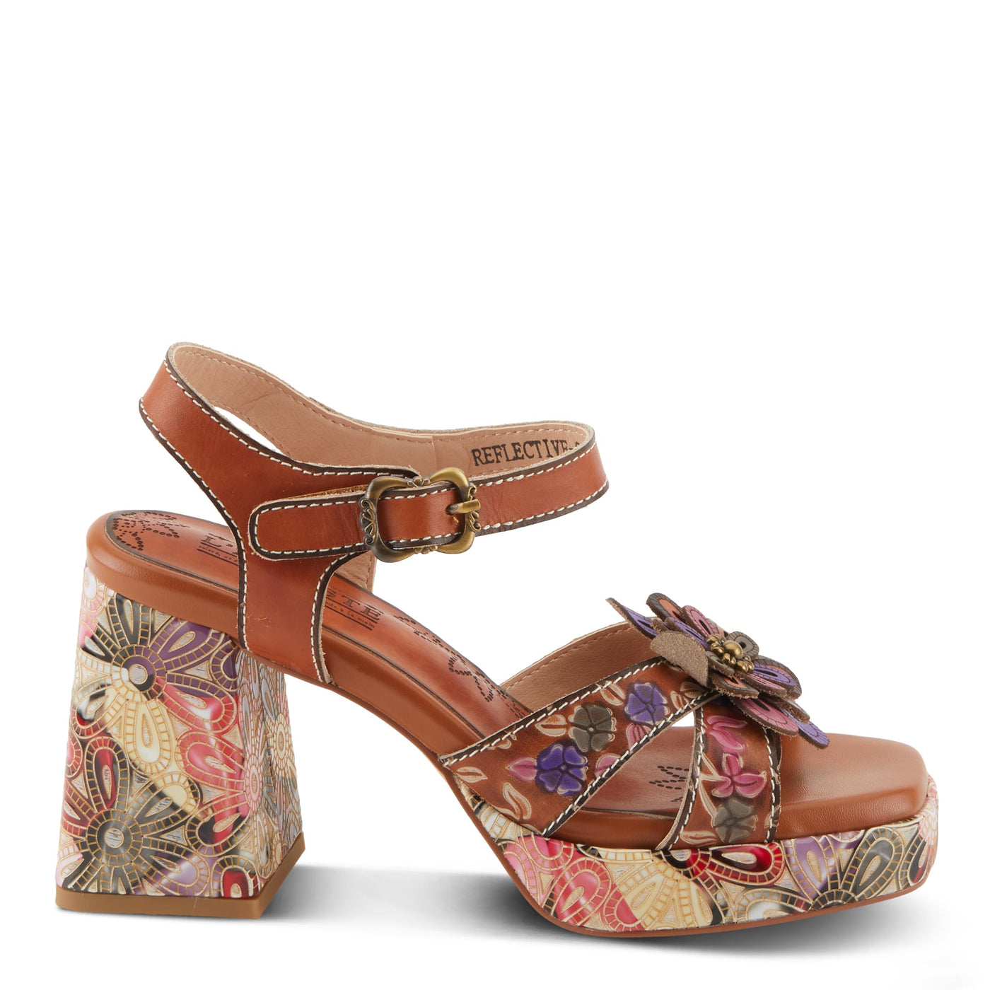 Spring Step L'Artiste Women's REFLECTIVE Platform Heeled Sandals - Chunky Heel, Hand-Painted Flower Detail, Padded Insole