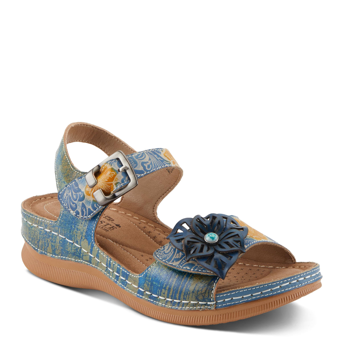 Spring Step L'Artiste Women's JENELLA Hand-Painted Leather Sandals | Chic Floral Embellishments and Customizable Fit Blue Multi EU 40 / US 9