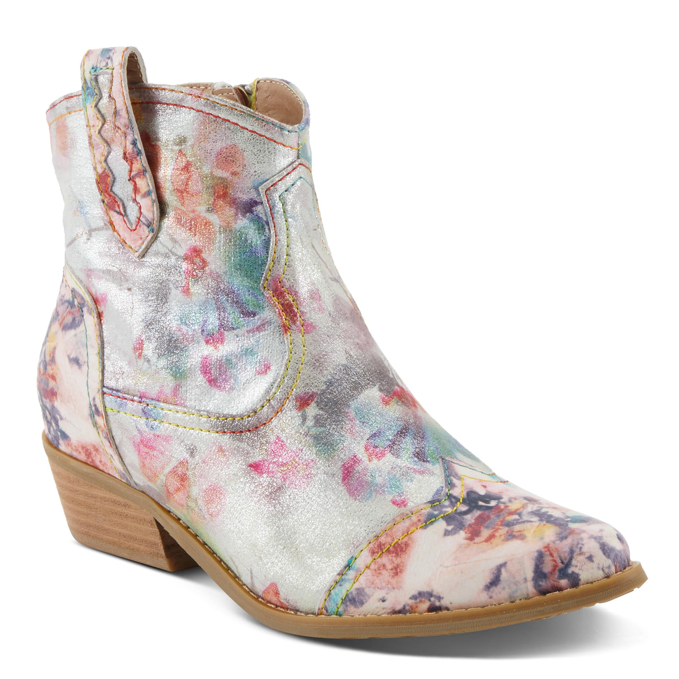 Spring Step L'Artiste Women's FLIRTINI Western Summer Boots - Metallic Leather, Pull Tabs, Low Stacked Heel Pink Multi EU 37 / US 6.5-7