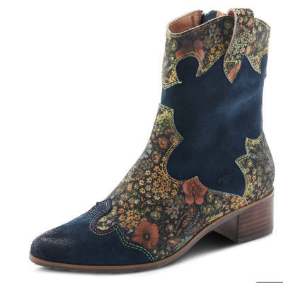 Spring Step L'Artiste Ladyluck Booties for Women - Floral Leather and Suede Women's Chelsea Boots - Western Ankle Boots for Women with Low Heel - Navy US 9