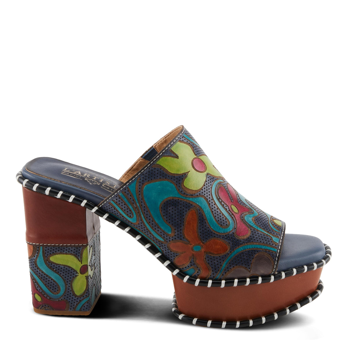 Spring Step L'Artiste Women's COLOSSAL Retro Platform Slides - Hand-Painted Flower Design, Leather-Wrapped Heel