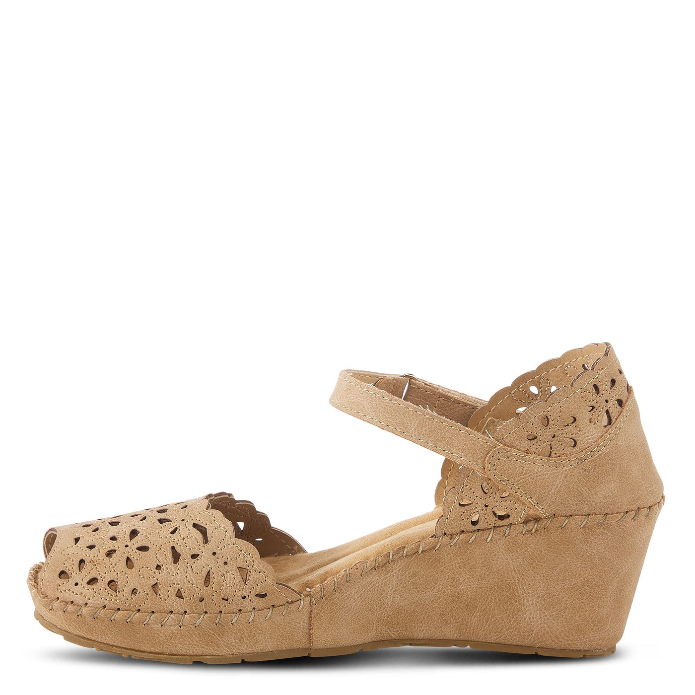 PATRIZIA Spring Step Gennina Wedge Sandals for Womens - Laser Cut Ladies Sandals with Embroidery - Hook and Loop Closure Womens Sandals - Tan EU 42 / US 10.5-11