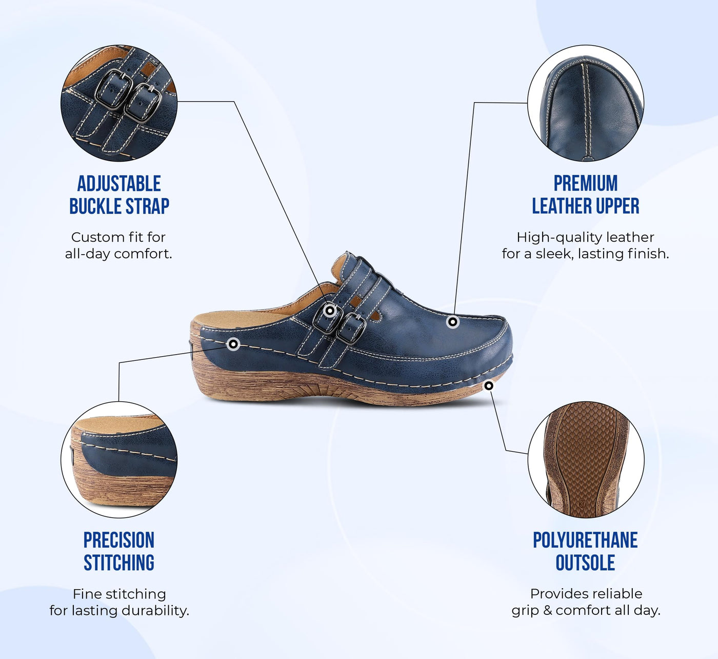 Spring Step Happy Mule Clogs for Women - Ladies Slip-On Clogs with Ajdustable Straps - Comfortable Slip-On Loafers for Women - Navy EU 42 / US 10.5-11