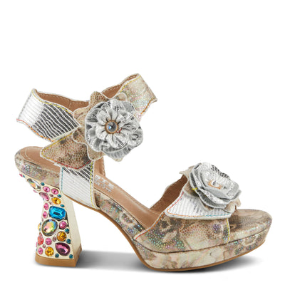 Spring Step L'Artiste Women's SMASHING Metallic Leather Sandals - Opulent Decorative Flowers, Sculpted Jewel Heel, Wearable Art Footwear Ice Multi EU 41 / US 9.5-10