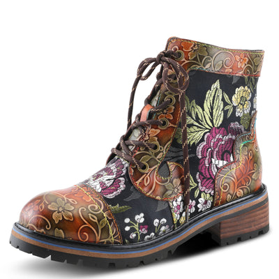 Spring Step L'Artiste Fantastic Booties for Women - Floral Hand Painted Womens Ankle Boots Low Heel - Everyday Wear Leather and Textile Western Booties Brown Multi EU 35 / US 5