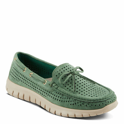 PATRIZIA Women's Aboard Moccasin Loafers – Microsuede Slip-On Shoes with Elegant Square-Dot Perforation, Bow Accent, and Cushioned Comfort Footbed Green EU 39 / US 8.5