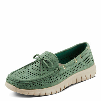 PATRIZIA Women's Aboard Moccasin Loafers – Microsuede Slip-On Shoes with Elegant Square-Dot Perforation, Bow Accent, and Cushioned Comfort Footbed Green EU 41 / US 9.5-10