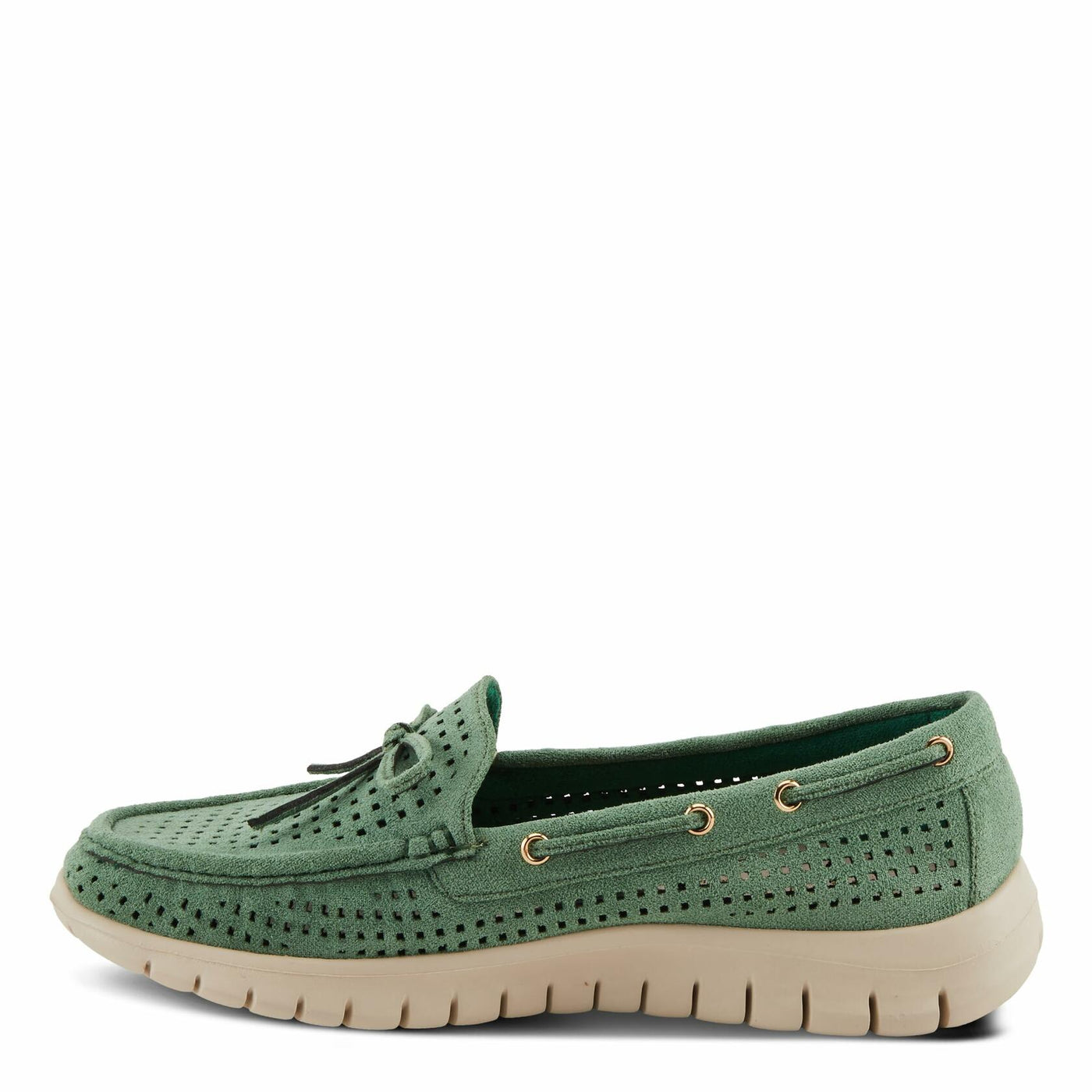 PATRIZIA Women's Aboard Moccasin Loafers – Microsuede Slip-On Shoes with Elegant Square-Dot Perforation, Bow Accent, and Cushioned Comfort Footbed Green EU 42 / US 10.5-11