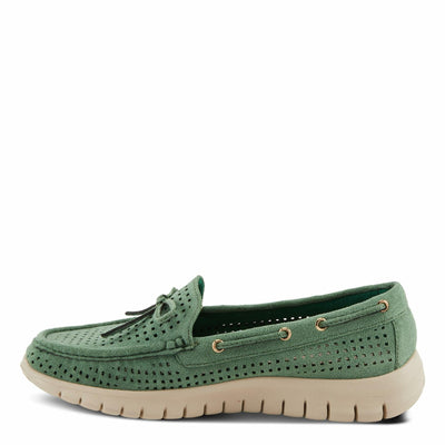 PATRIZIA Women's Aboard Moccasin Loafers – Microsuede Slip-On Shoes with Elegant Square-Dot Perforation, Bow Accent, and Cushioned Comfort Footbed Green EU 42 / US 10.5-11