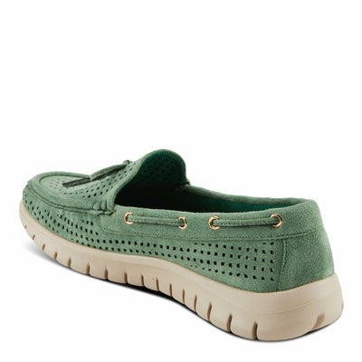 PATRIZIA Women's Aboard Moccasin Loafers – Microsuede Slip-On Shoes with Elegant Square-Dot Perforation, Bow Accent, and Cushioned Comfort Footbed Green EU 42 / US 10.5-11