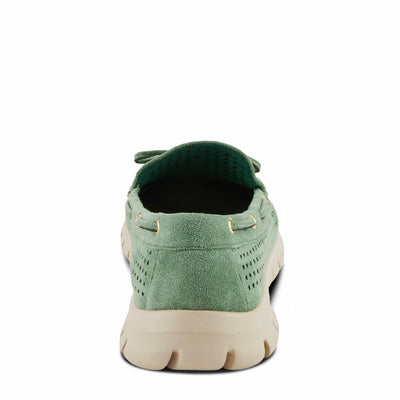 PATRIZIA Women's Aboard Moccasin Loafers – Microsuede Slip-On Shoes with Elegant Square-Dot Perforation, Bow Accent, and Cushioned Comfort Footbed Green EU 42 / US 10.5-11