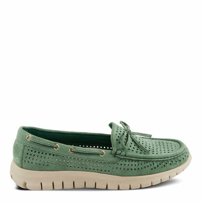 PATRIZIA Women's Aboard Moccasin Loafers – Microsuede Slip-On Shoes with Elegant Square-Dot Perforation, Bow Accent, and Cushioned Comfort Footbed Green EU 41 / US 9.5-10