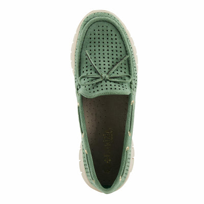 PATRIZIA Women's Aboard Moccasin Loafers – Microsuede Slip-On Shoes with Elegant Square-Dot Perforation, Bow Accent, and Cushioned Comfort Footbed Green EU 41 / US 9.5-10