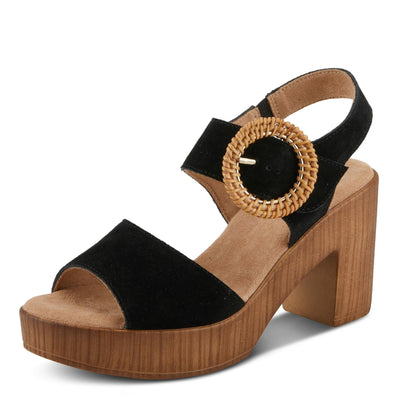Spring Step Women's Gamona Ankle-Strap Heeled Sandal with Decorative Buckle - Cork Chunky High Heel Black Suede EU 39/8.5