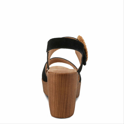 Spring Step Women's Gamona Ankle-Strap Heeled Sandal with Decorative Buckle - Cork Chunky High Heel Black Suede EU 39/8.5
