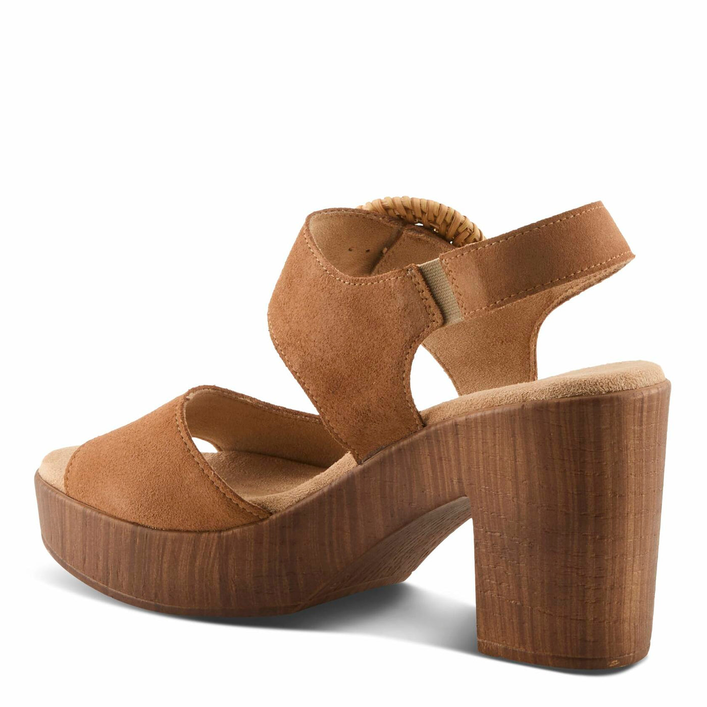 Spring Step Women's Gamona Ankle-Strap Heeled Sandal with Decorative Buckle - Cork Chunky High Heel Tan Suede EU 38/7.5-8