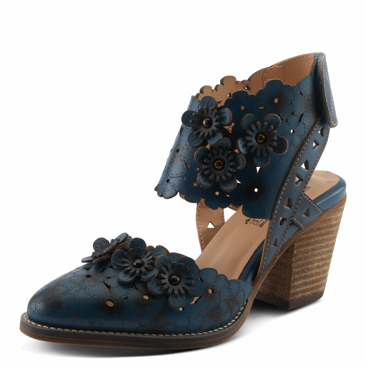 L'Artiste Women's DISTINCTION Leather Ankle Strap Sandals – Hand-Painted Floral Laser Cutout, Adjustable Strap, Closed Toe Stacked Heel NAVY EU 40 / EU 40 / US 9
