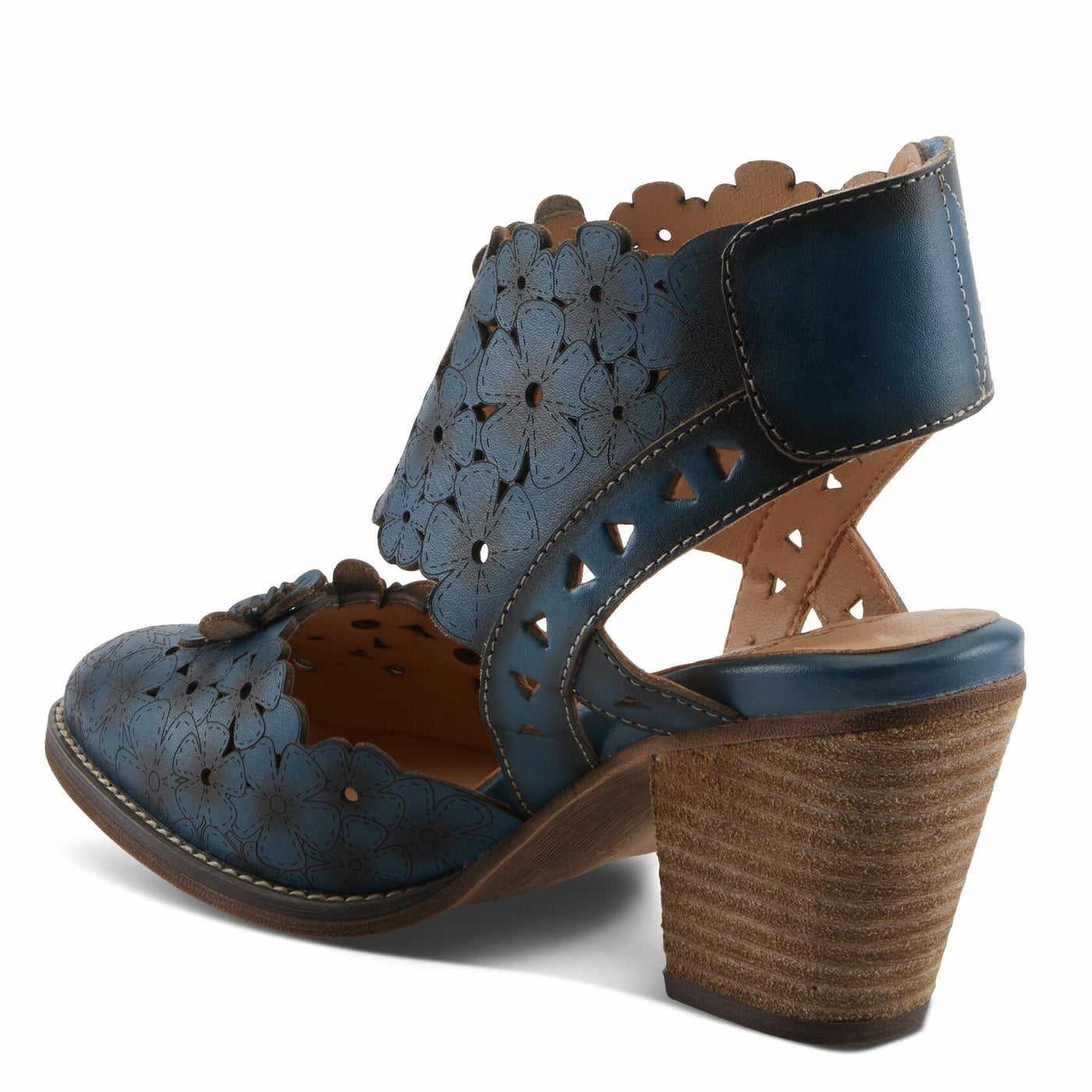 L'Artiste Women's DISTINCTION Leather Ankle Strap Sandals – Hand-Painted Floral Laser Cutout, Adjustable Strap, Closed Toe Stacked Heel NAVY EU 40 / EU 40 / US 9