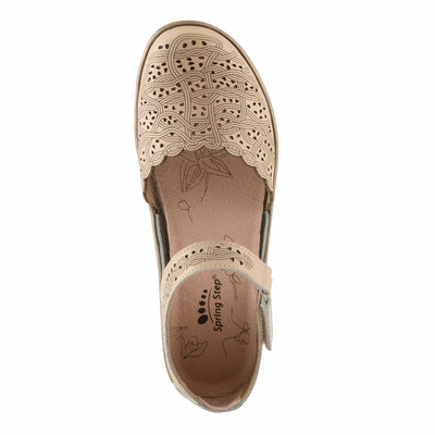 Spring Step Women's SABRIYE Leather Mary Jane Shoes – Laser-Cut Design, Adjustable Hook-and-Loop Closure, Padded Comfort, Flexible Sole BEIGE EU 37 / US 6.5-7
