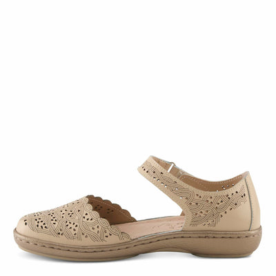 Spring Step Women's SABRIYE Leather Mary Jane Shoes – Laser-Cut Design, Adjustable Hook-and-Loop Closure, Padded Comfort, Flexible Sole BEIGE EU 36 / US 5.5-6