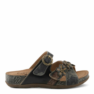 L'Artiste Women's CAELANA Slide Sandals - Hand-Painted Leather, Floral Accents, Adjustable Fit BLACK MULTI EU 40 / US 9