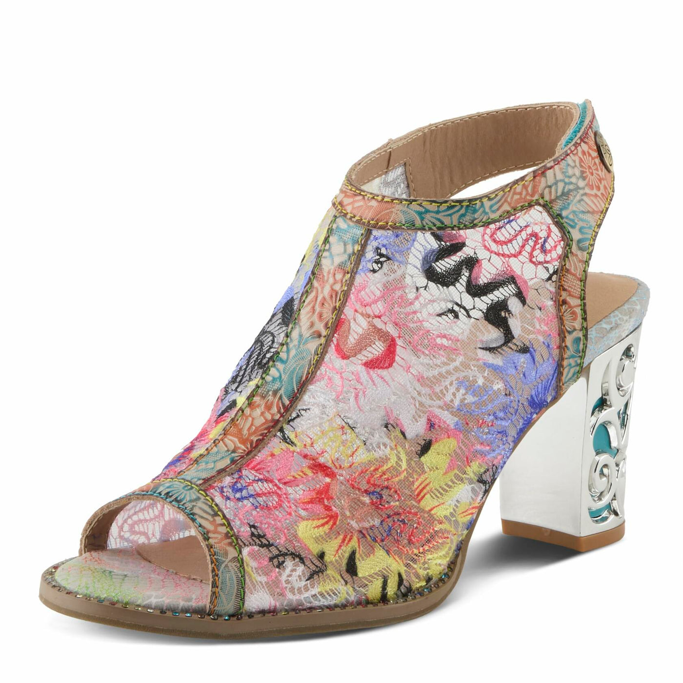 L'Artiste Women's WOWZA Hook-and-Loop Leather Sandals – Hand-Painted Design, Vibrant Mesh Upper, Crystal Embellishments, Chunky Metallic Heel