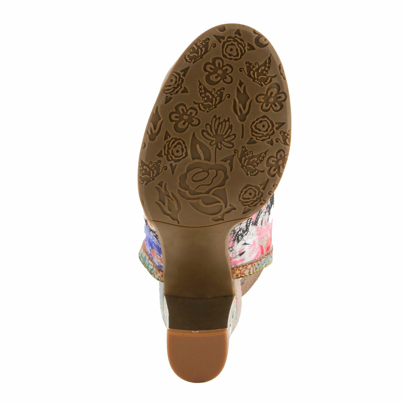 L'Artiste Women's WOWZA Hook-and-Loop Leather Sandals – Hand-Painted Design, Vibrant Mesh Upper, Crystal Embellishments, Chunky Metallic Heel