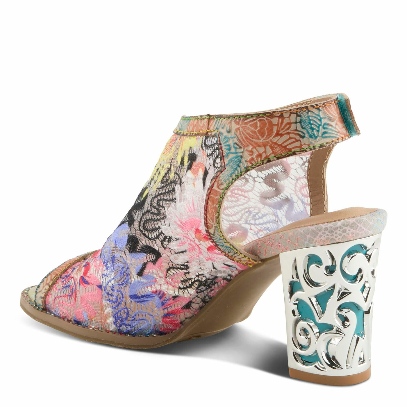L'Artiste Women's WOWZA Hook-and-Loop Leather Sandals – Hand-Painted Design, Vibrant Mesh Upper, Crystal Embellishments, Chunky Metallic Heel