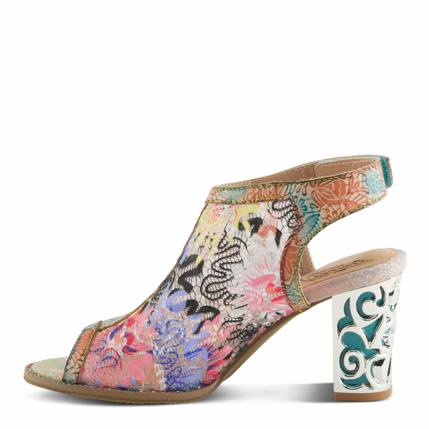L'Artiste Women's WOWZA Hook-and-Loop Leather Sandals – Hand-Painted Design, Vibrant Mesh Upper, Crystal Embellishments, Chunky Metallic Heel