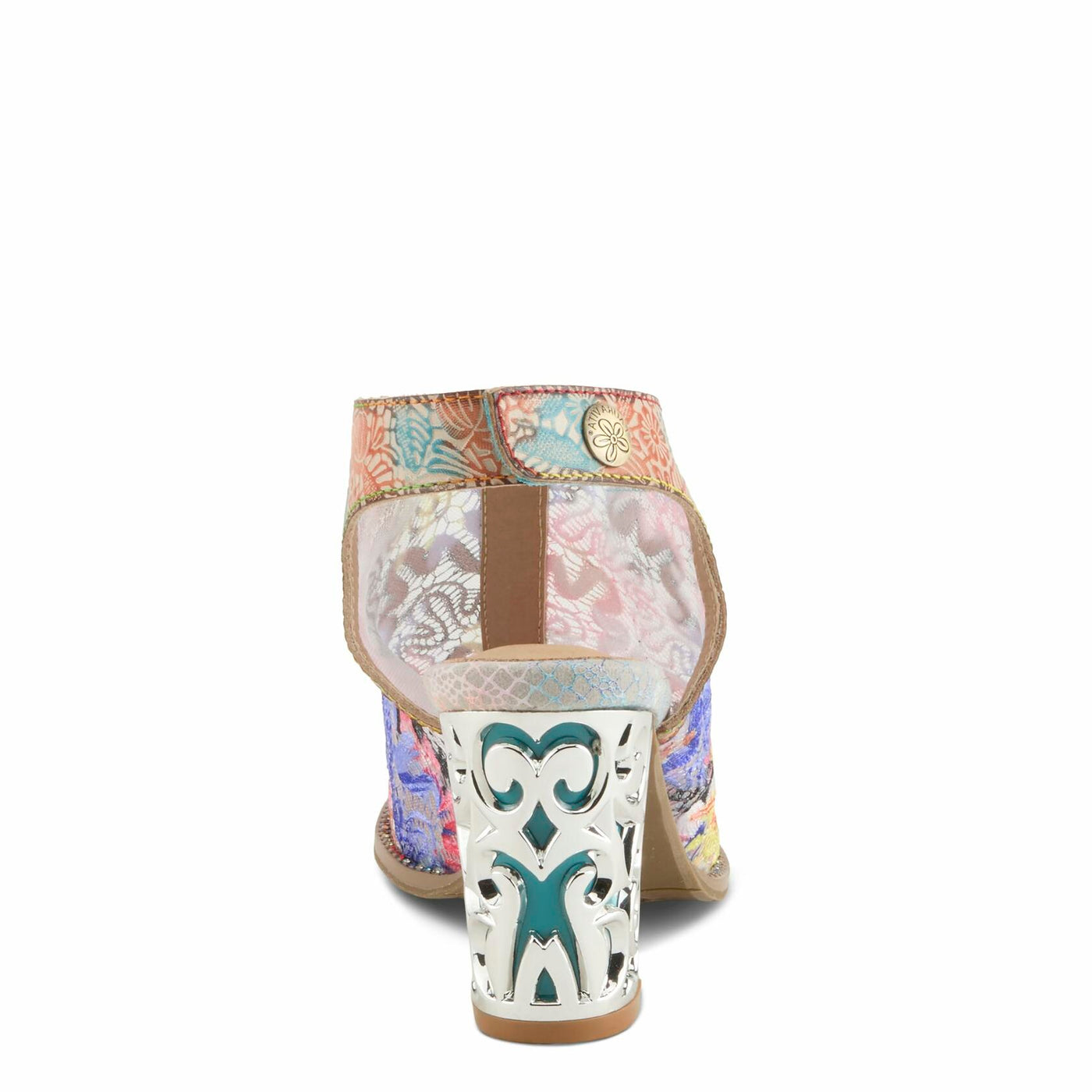 L'Artiste Women's WOWZA Hook-and-Loop Leather Sandals – Hand-Painted Design, Vibrant Mesh Upper, Crystal Embellishments, Chunky Metallic Heel