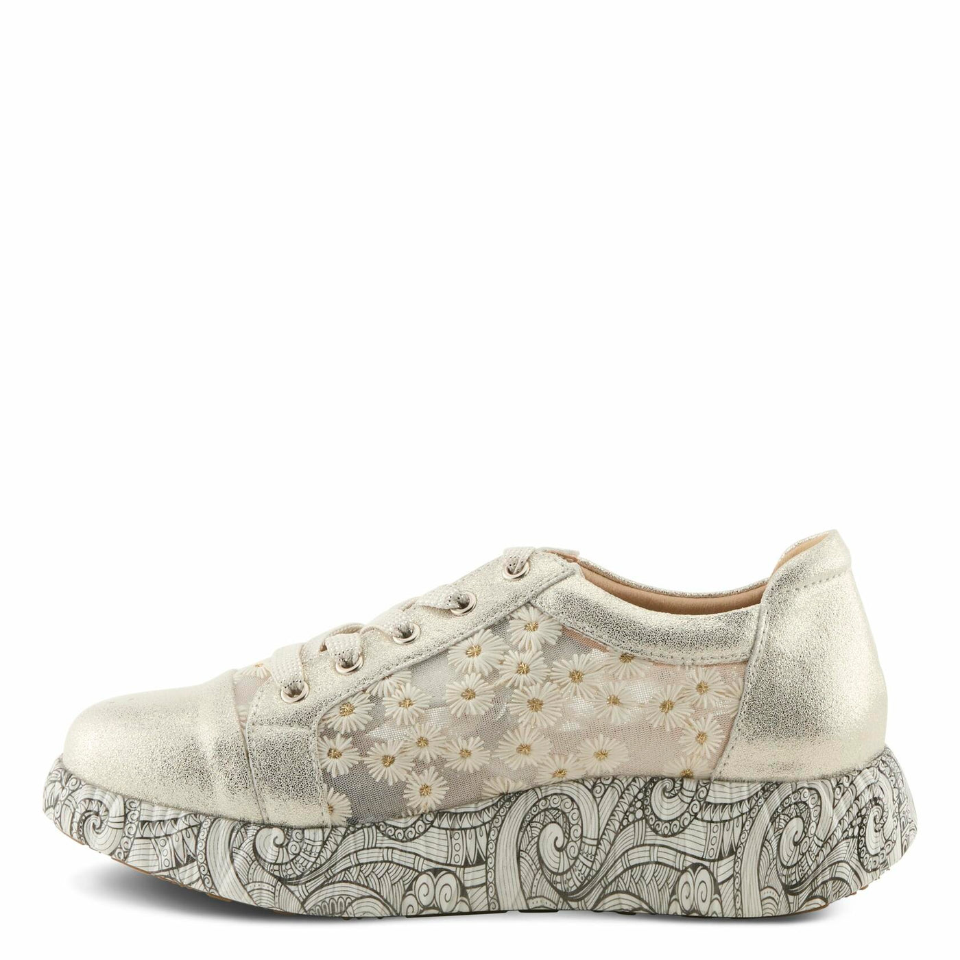 L'Artiste Women's SNEAKHEART Lace-Up Sneakers – Metallic Floral Embroidery, Breathable Mesh, Removable Insole, Street-Chic Design