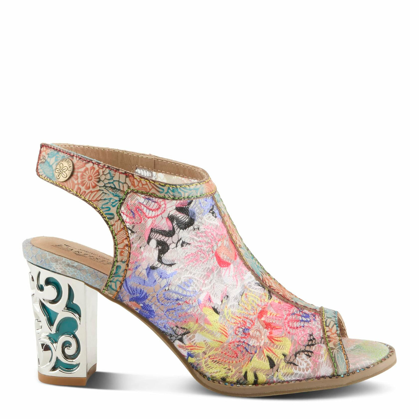 L'Artiste Women's WOWZA Hook-and-Loop Leather Sandals – Hand-Painted Design, Vibrant Mesh Upper, Crystal Embellishments, Chunky Metallic Heel