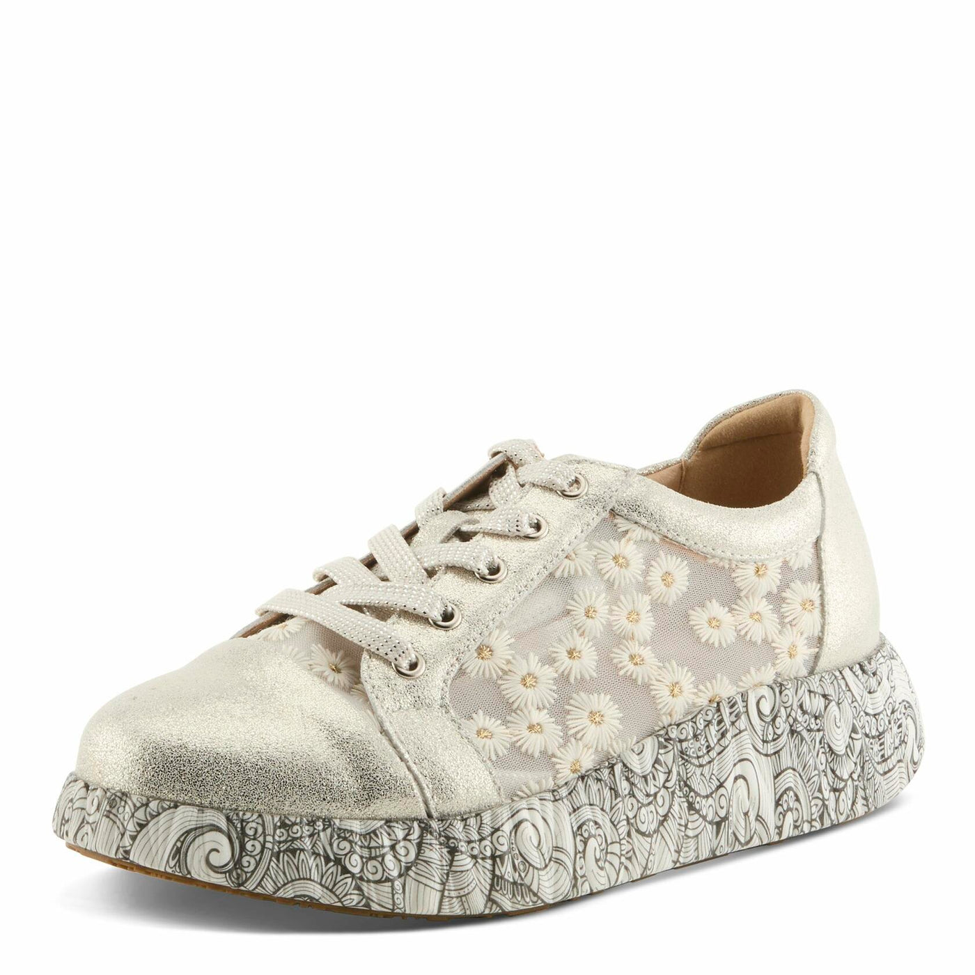 L'Artiste Women's SNEAKHEART Lace-Up Sneakers – Metallic Floral Embroidery, Breathable Mesh, Removable Insole, Street-Chic Design