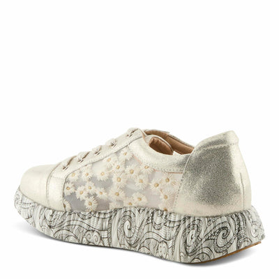 L'Artiste Women's SNEAKHEART Lace-Up Sneakers – Metallic Floral Embroidery, Breathable Mesh, Removable Insole, Street-Chic Design