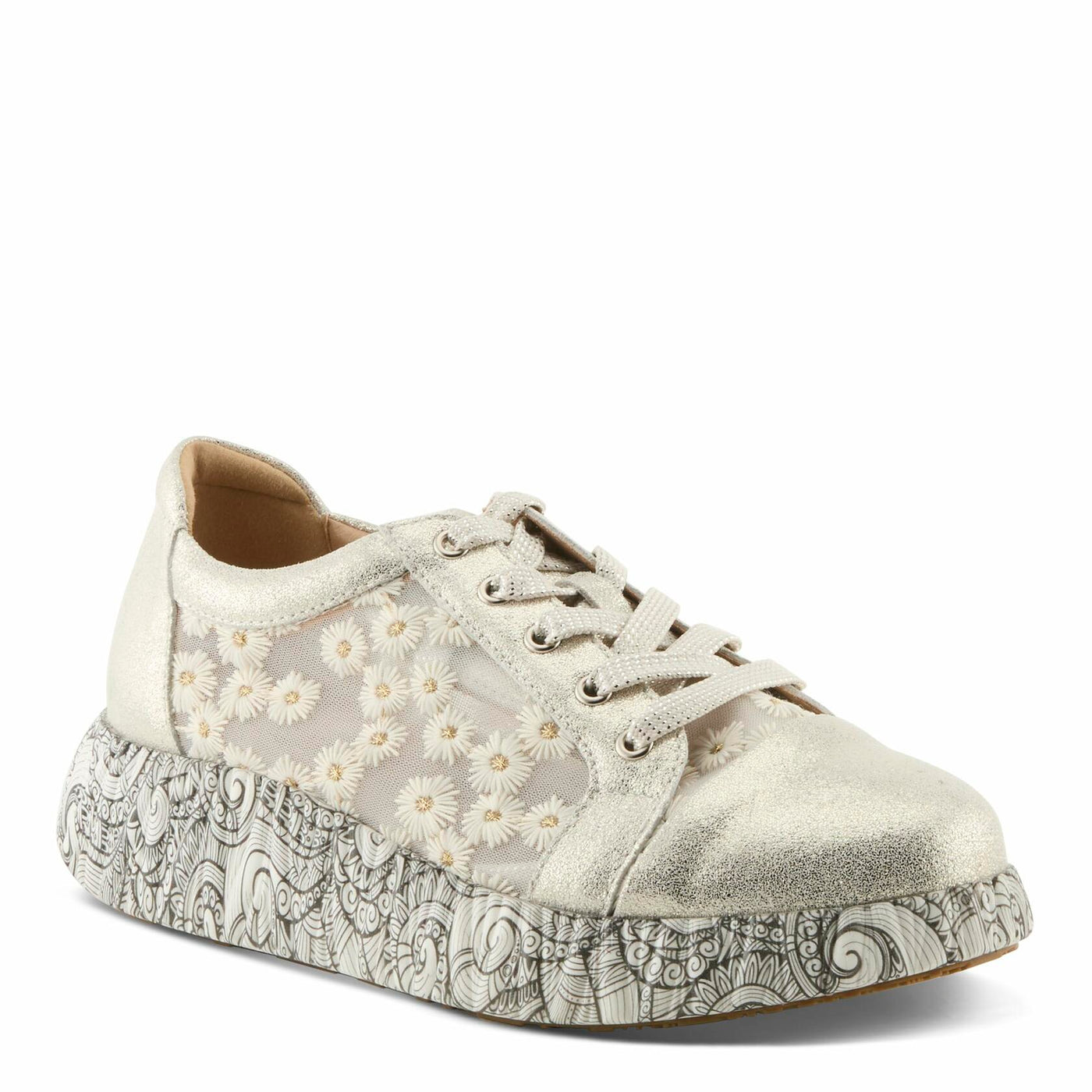 L'Artiste Women's SNEAKHEART Lace-Up Sneakers – Metallic Floral Embroidery, Breathable Mesh, Removable Insole, Street-Chic Design