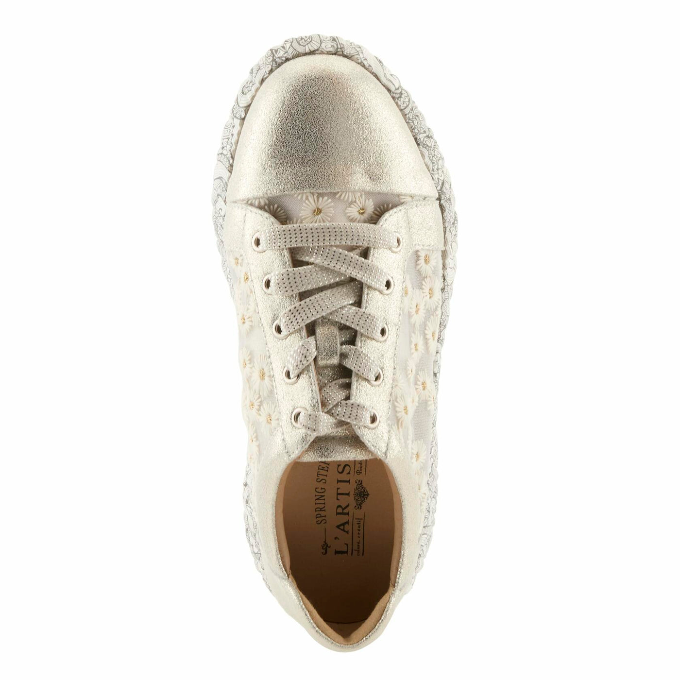 L'Artiste Women's SNEAKHEART Lace-Up Sneakers – Metallic Floral Embroidery, Breathable Mesh, Removable Insole, Street-Chic Design