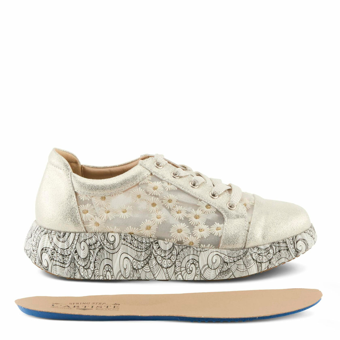 L'Artiste Women's SNEAKHEART Lace-Up Sneakers – Metallic Floral Embroidery, Breathable Mesh, Removable Insole, Street-Chic Design