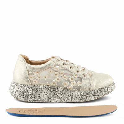 L'Artiste Women's SNEAKHEART Lace-Up Sneakers – Metallic Floral Embroidery, Breathable Mesh, Removable Insole, Street-Chic Design