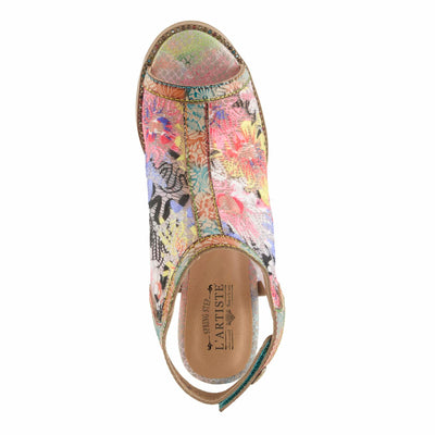 L'Artiste Women's WOWZA Hook-and-Loop Leather Sandals – Hand-Painted Design, Vibrant Mesh Upper, Crystal Embellishments, Chunky Metallic Heel