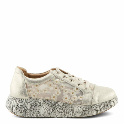 L'Artiste Women's SNEAKHEART Lace-Up Sneakers – Metallic Floral Embroidery, Breathable Mesh, Removable Insole, Street-Chic Design