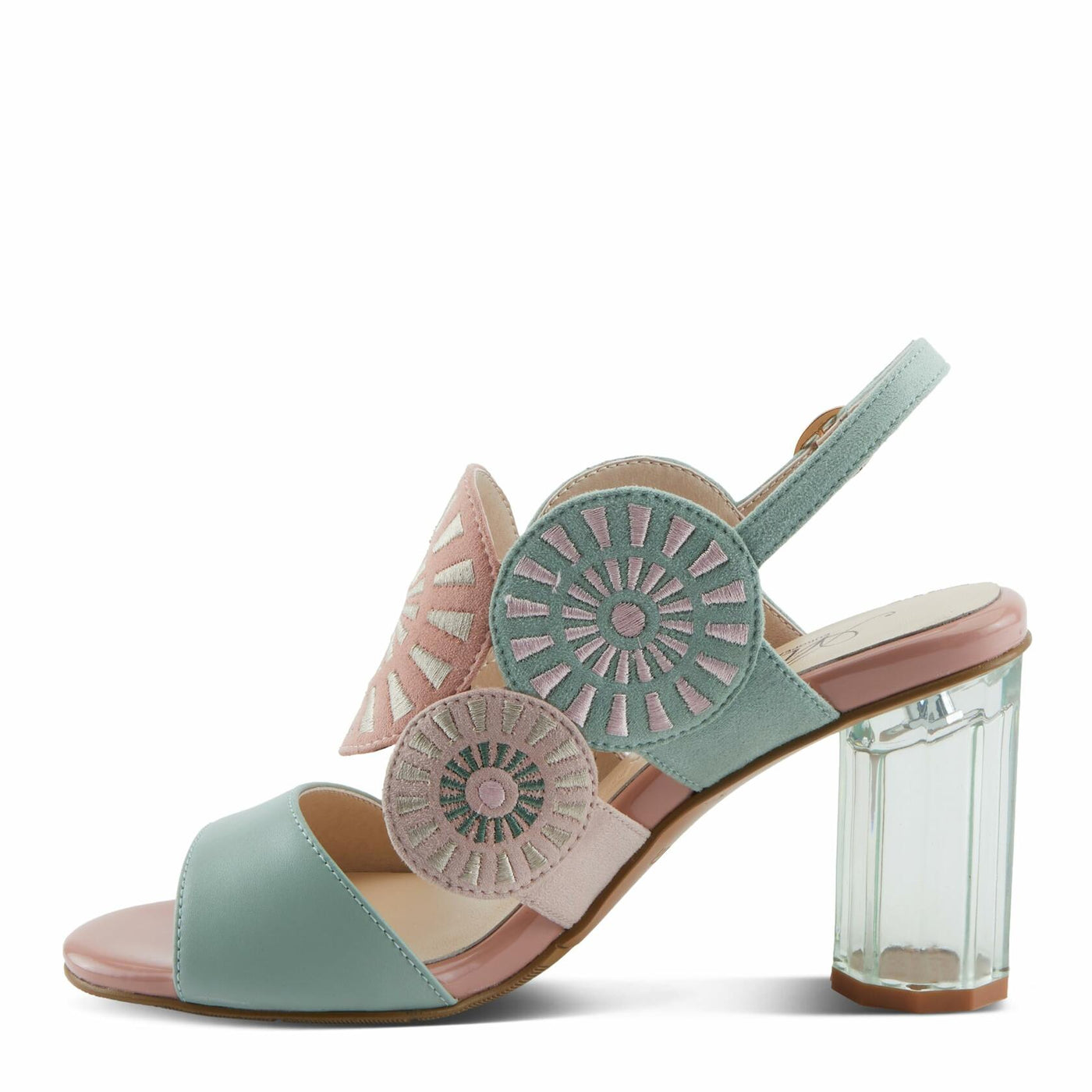 Azura Women's Embroidery Pumps & Heels - Geometric Design, Adjustable Ankle Strap, Transparent Cylindrical Heel Mint Green Multi EU 38 / US 7.5-8